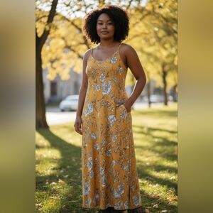 OURS Mustard Yellow Floral Maxi Dress Size L Pockets
